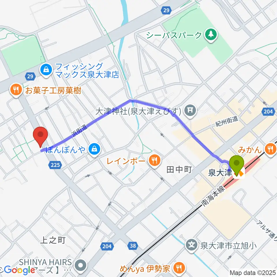 ボイストレーニングレッスンスタジオJOYの最寄駅泉大津駅からの徒歩ルート（約11分）地図