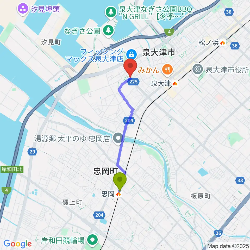 忠岡駅からボイストレーニングレッスンスタジオJOYへのルートマップ地図