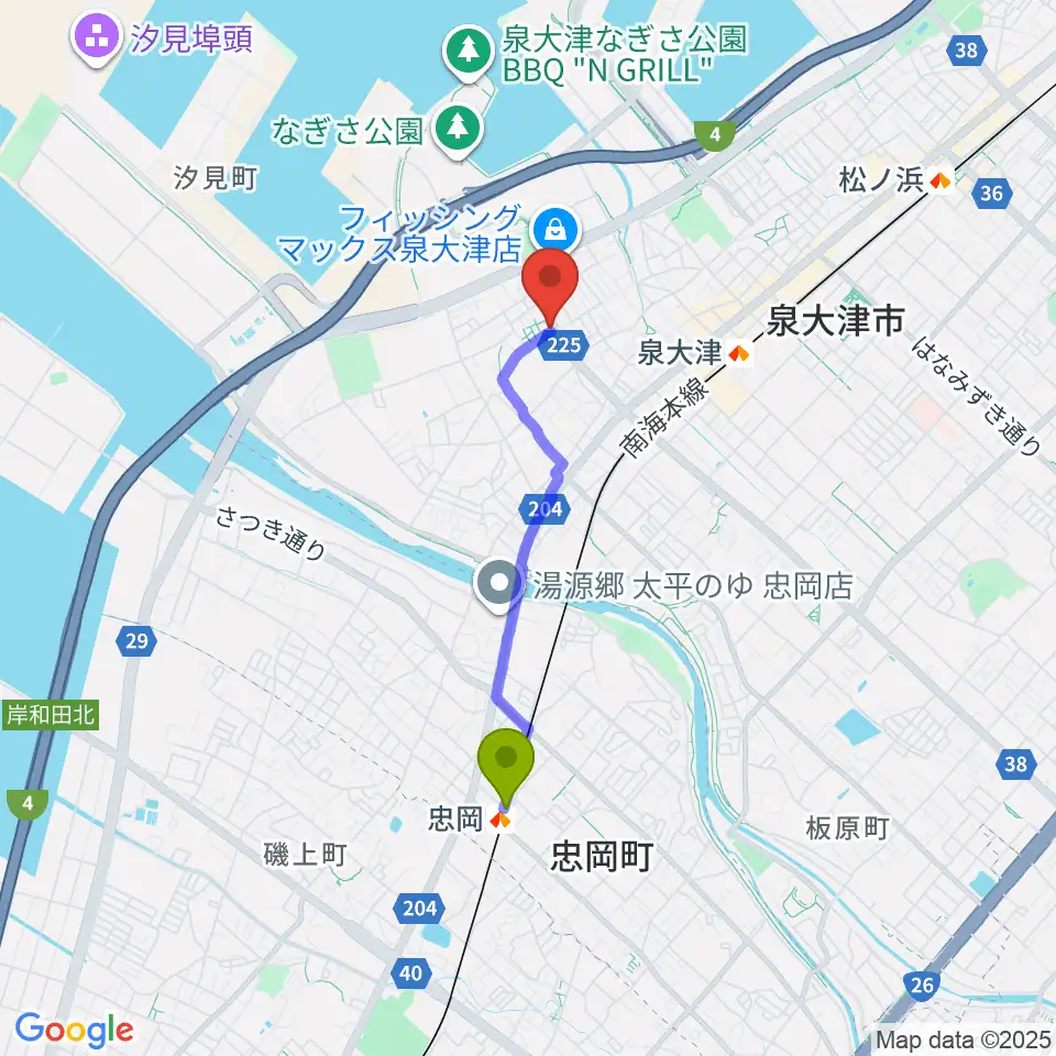 忠岡駅からボイストレーニングレッスンスタジオJOYへのルートマップ地図