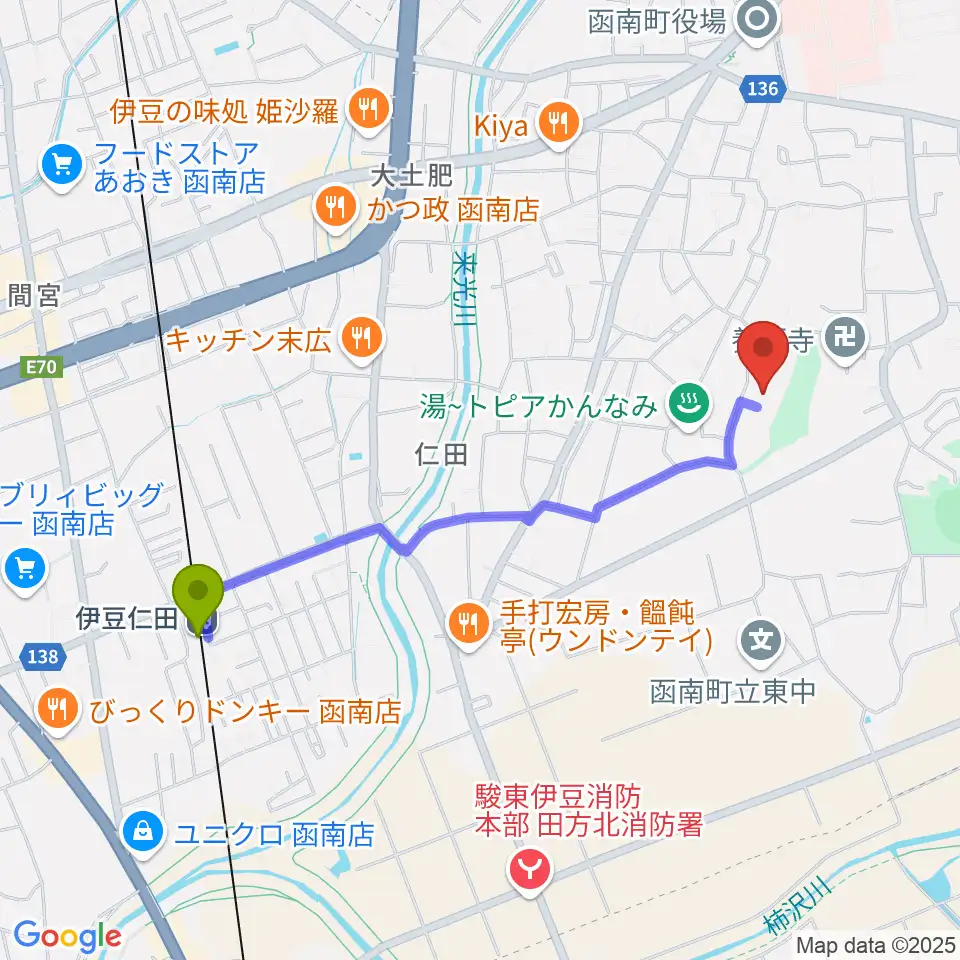 うたとピアノ花音の最寄駅伊豆仁田駅からの徒歩ルート（約20分）地図