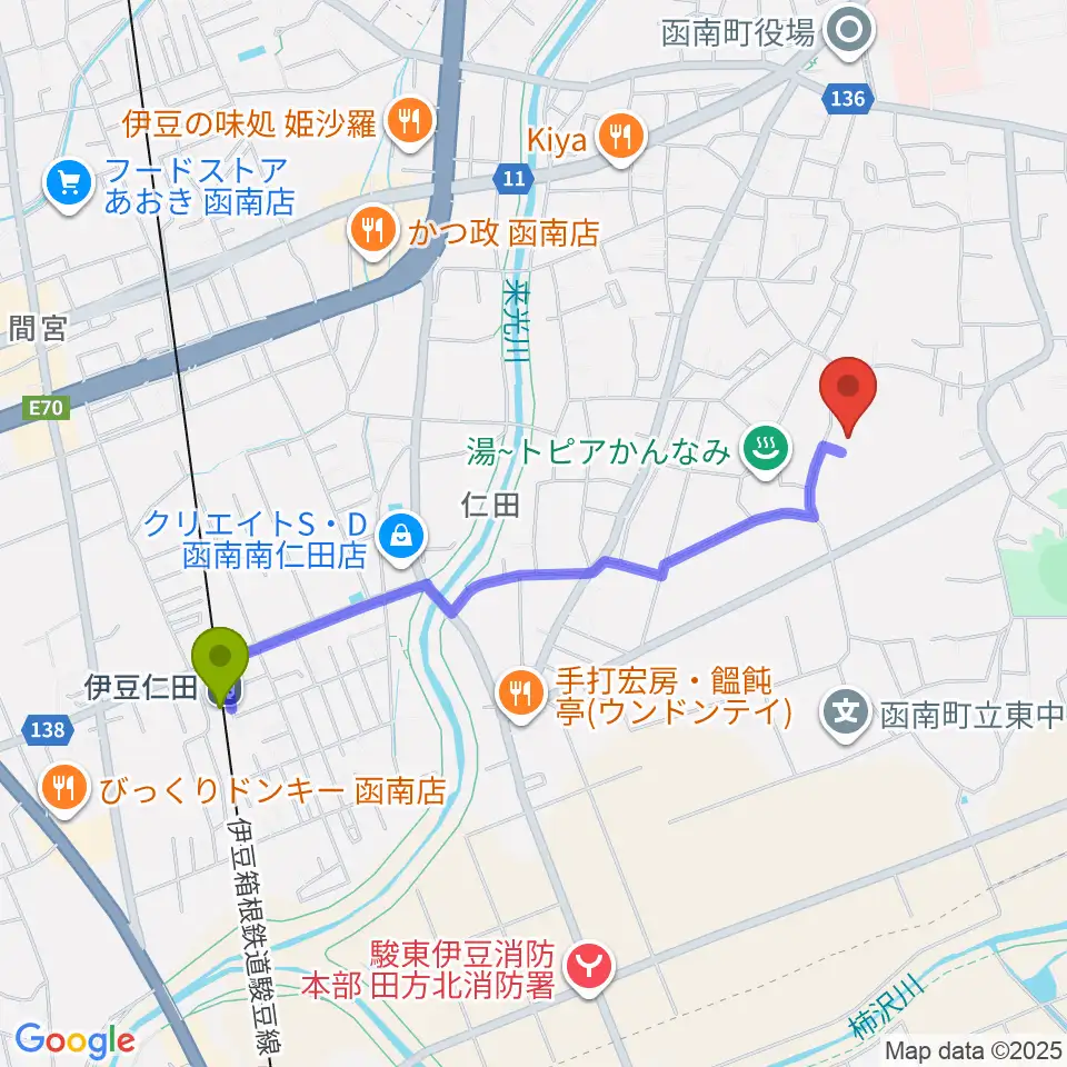 花音〜かのん〜音楽教室の最寄駅伊豆仁田駅からの徒歩ルート（約20分）地図