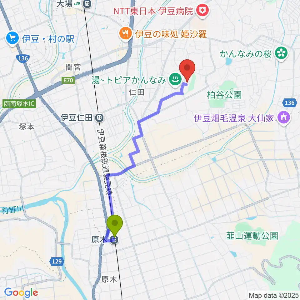 原木駅からうたとピアノ花音へのルートマップ地図