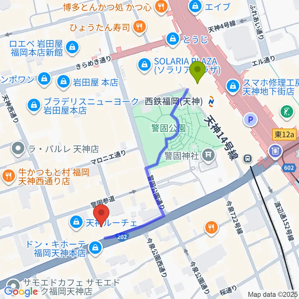 Sifaka(シファカ)音楽教室の最寄駅西鉄福岡（天神）駅からの徒歩ルート（約5分）地図
