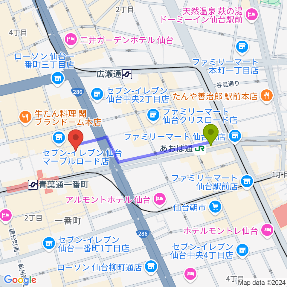 あおば通駅からBIGBOSS仙台へのルートマップ地図