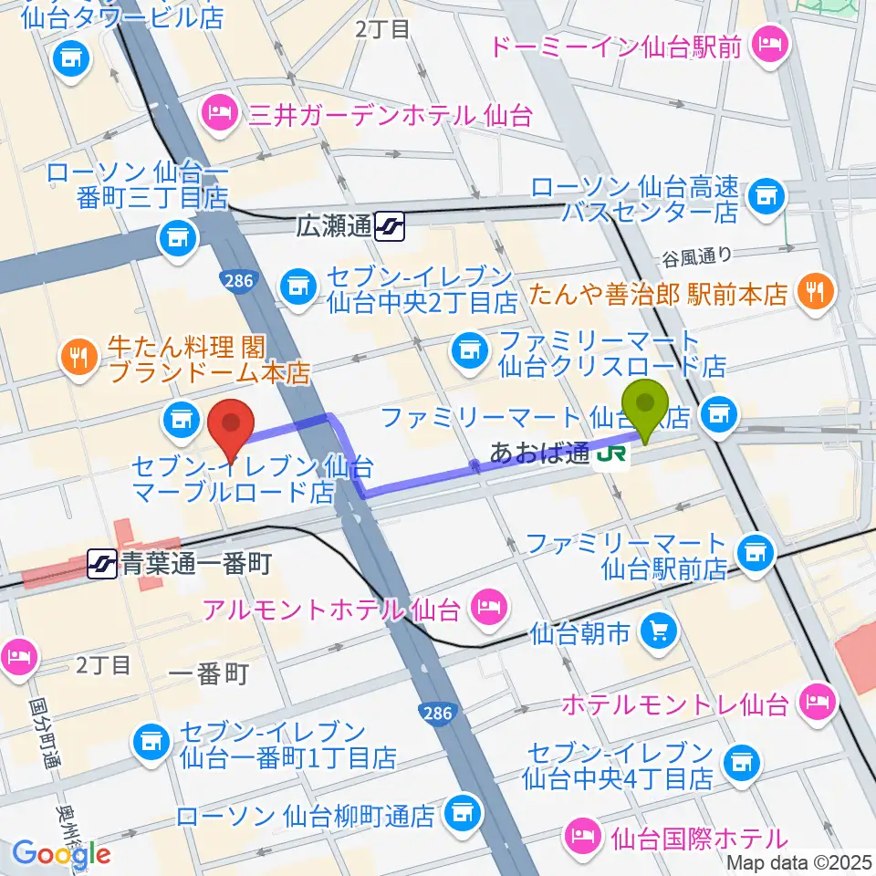 あおば通駅からBIGBOSS仙台へのルートマップ地図