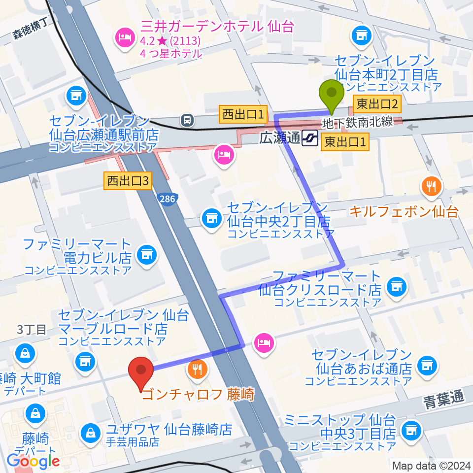 広瀬通駅からBIGBOSS仙台へのルートマップ地図