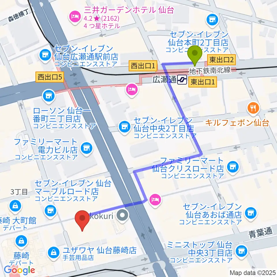 広瀬通駅からBIGBOSS仙台へのルートマップ地図