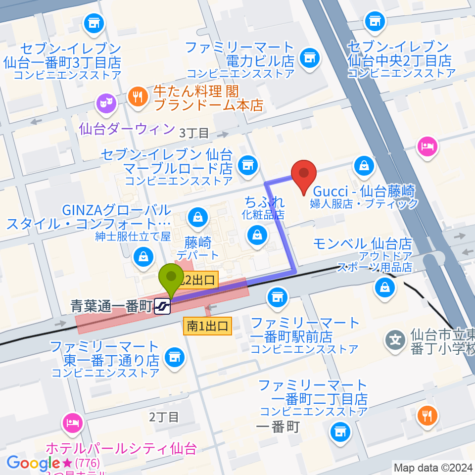 BIGBOSS仙台の最寄駅青葉通一番町駅からの徒歩ルート（約3分）地図