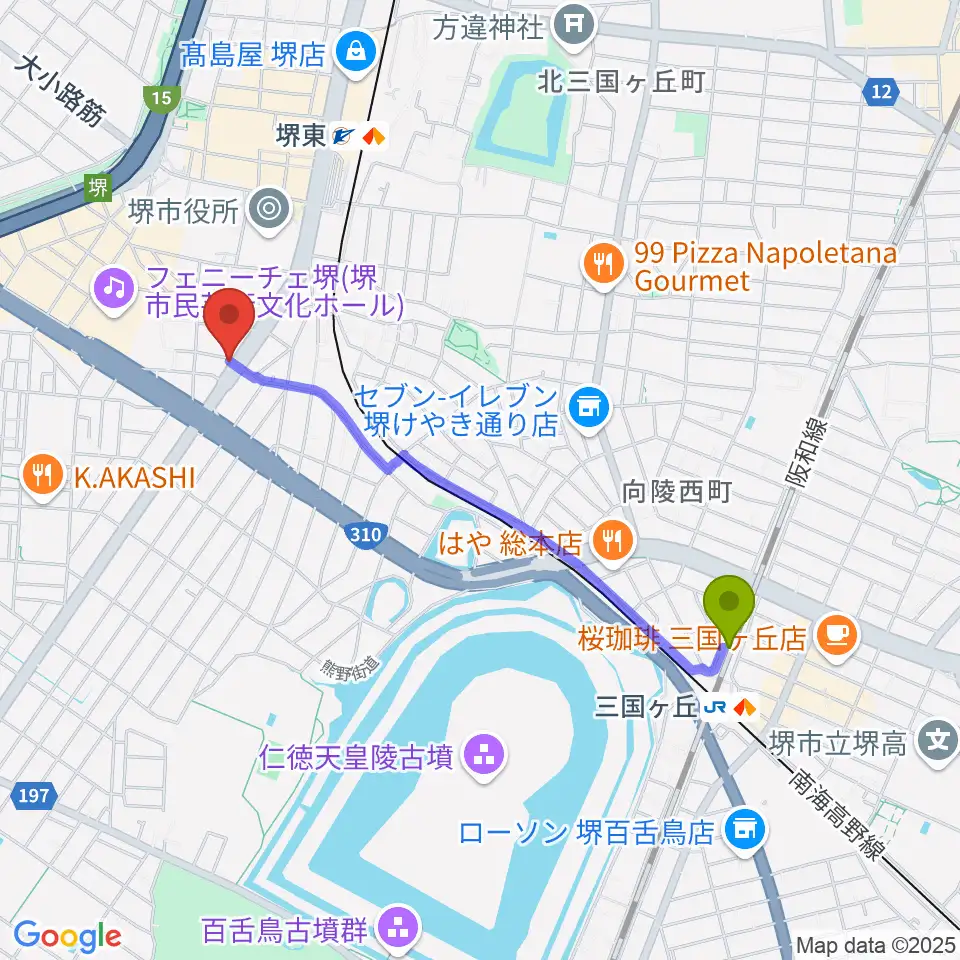 三国ケ丘駅からカルロスギターへのルートマップ地図