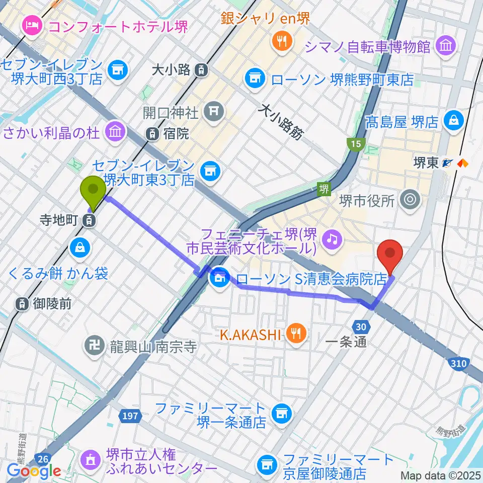 寺地町駅からカルロスギターへのルートマップ地図