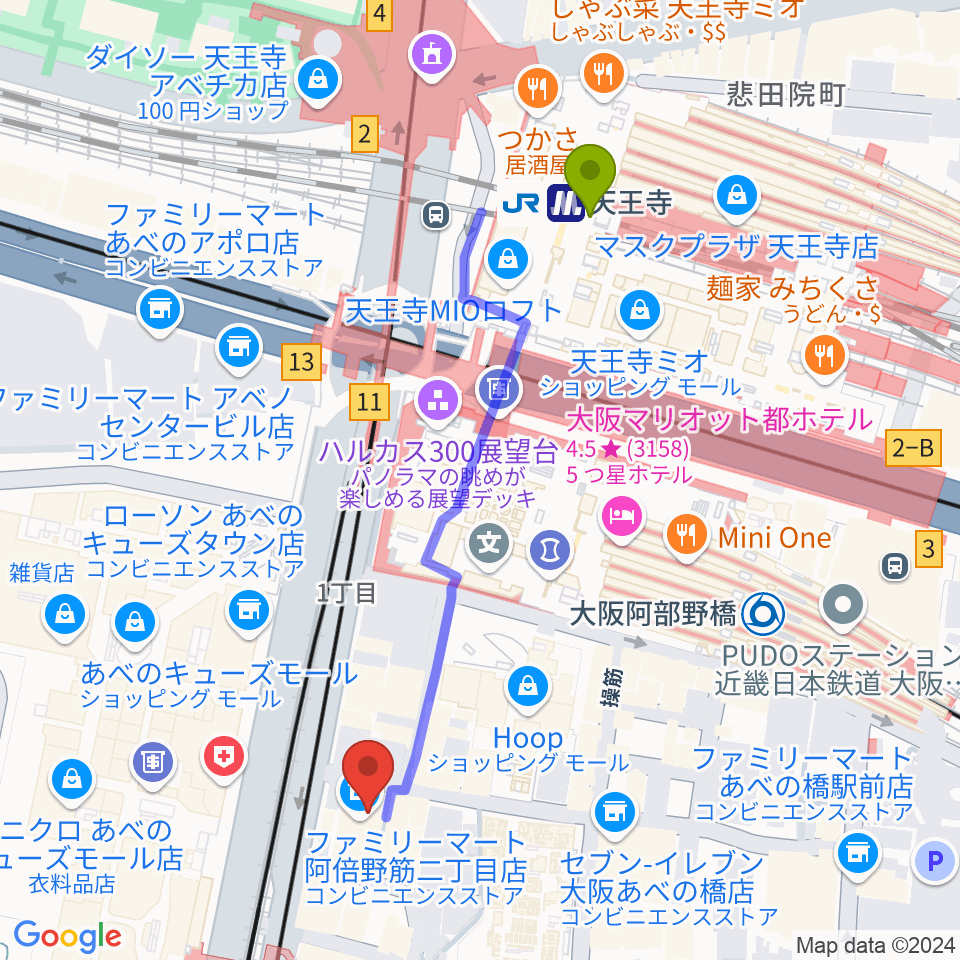 天王寺駅からワタナベ楽器店 音楽館へのルートマップ地図