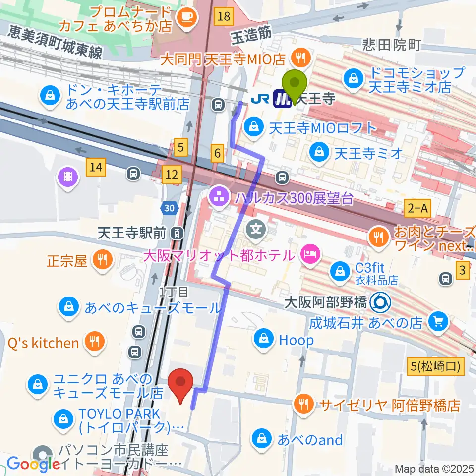 天王寺駅からワタナベ楽器店 音楽館へのルートマップ地図