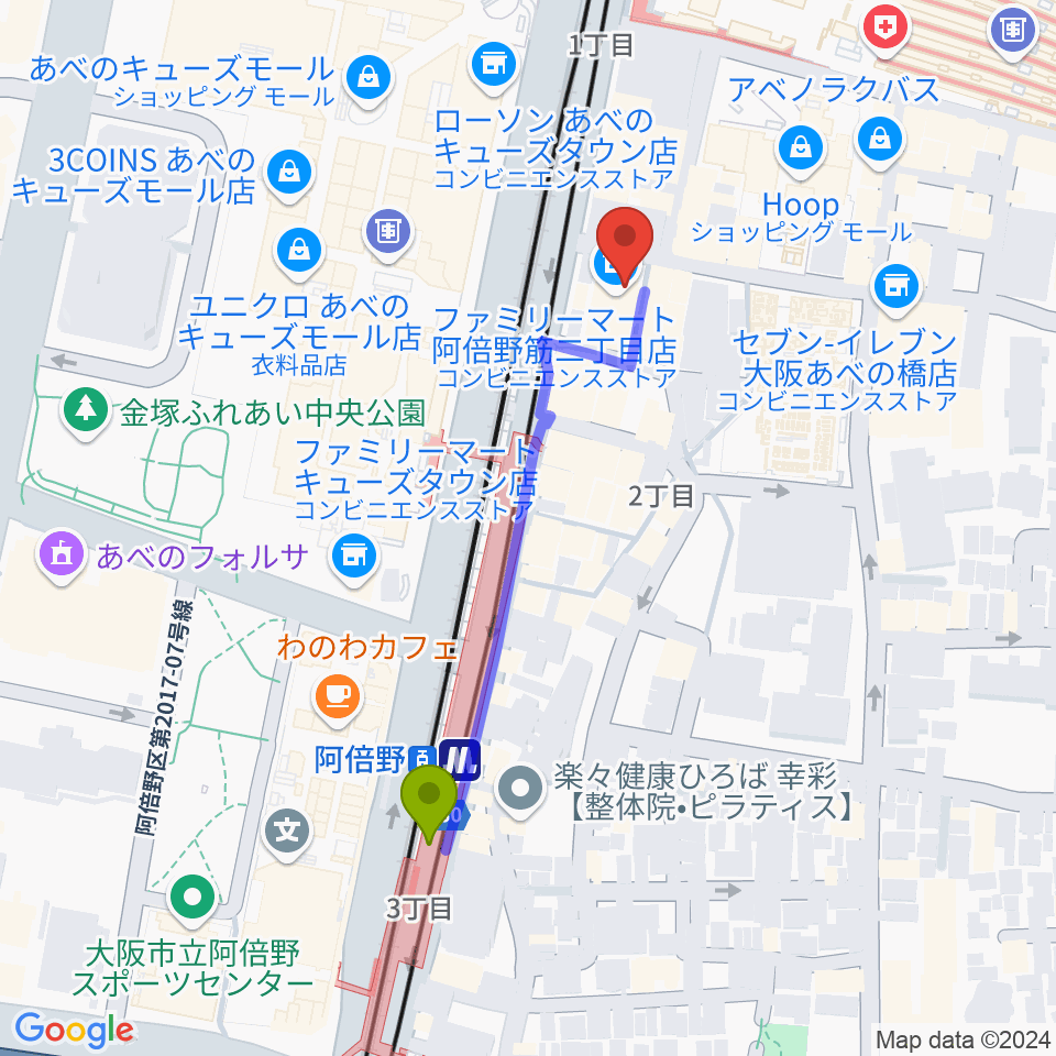 ワタナベ楽器店 音楽館の最寄駅阿倍野駅からの徒歩ルート（約4分）地図