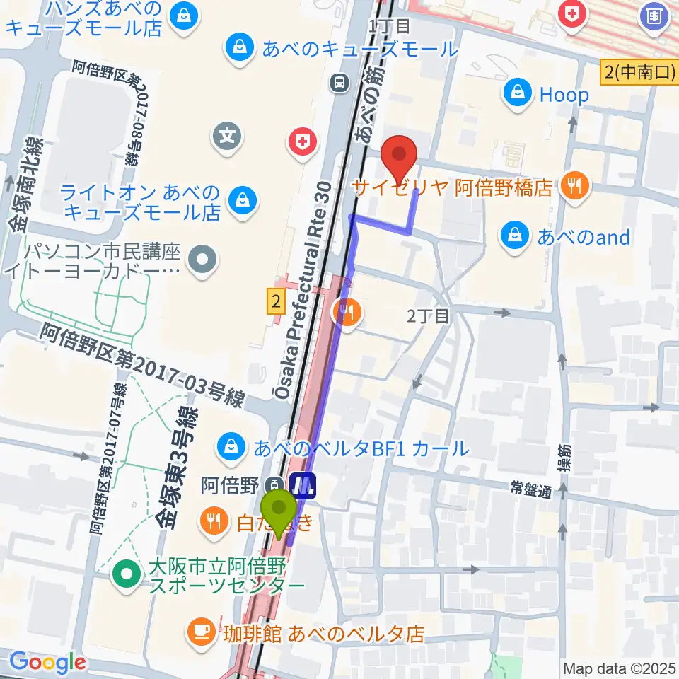 ワタナベ楽器店 音楽館の最寄駅阿倍野駅からの徒歩ルート（約4分）地図