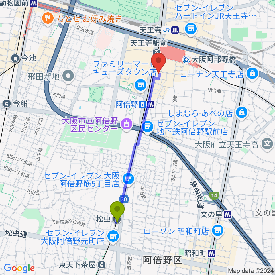 松虫駅からワタナベ楽器店 音楽館へのルートマップ地図