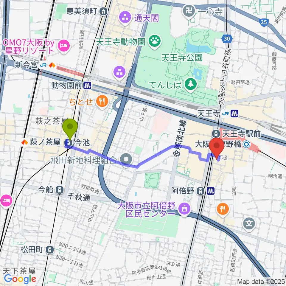 今池駅からワタナベ楽器店 音楽館へのルートマップ地図