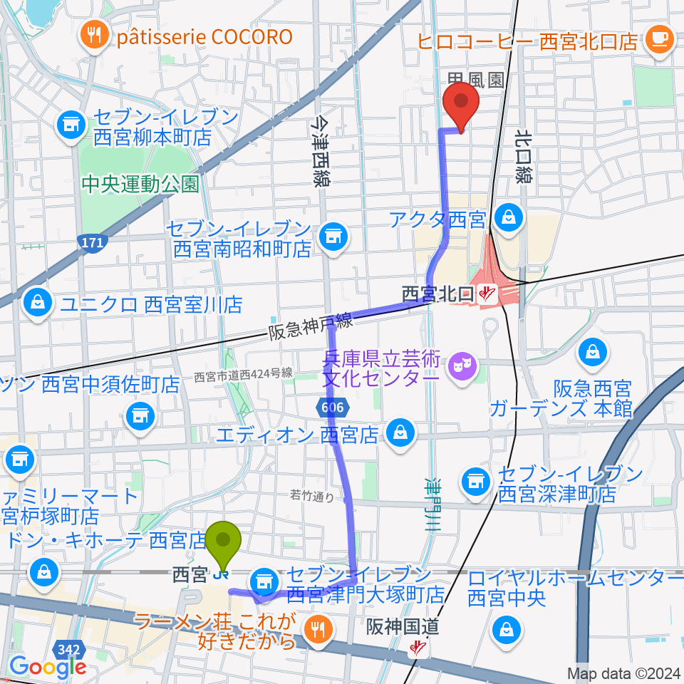 西宮駅からフェリーチェ音楽院へのルートマップ地図