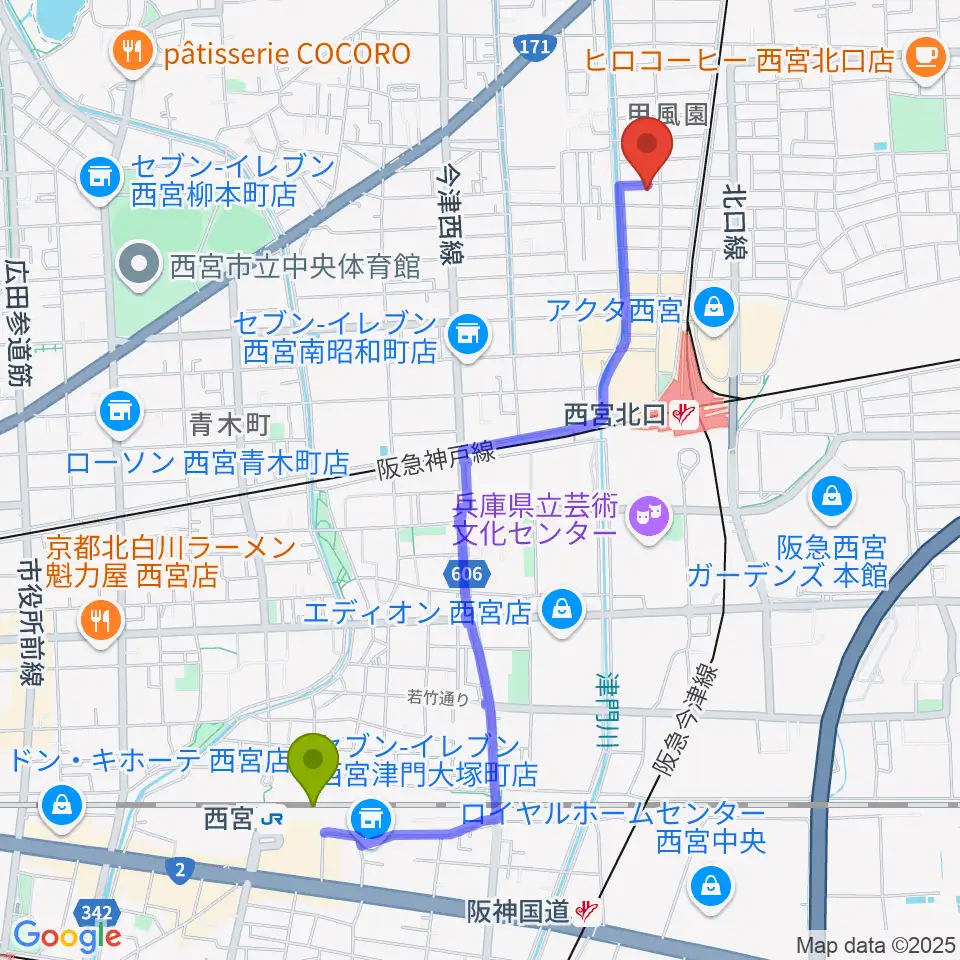 西宮駅からフェリーチェ音楽院へのルートマップ地図