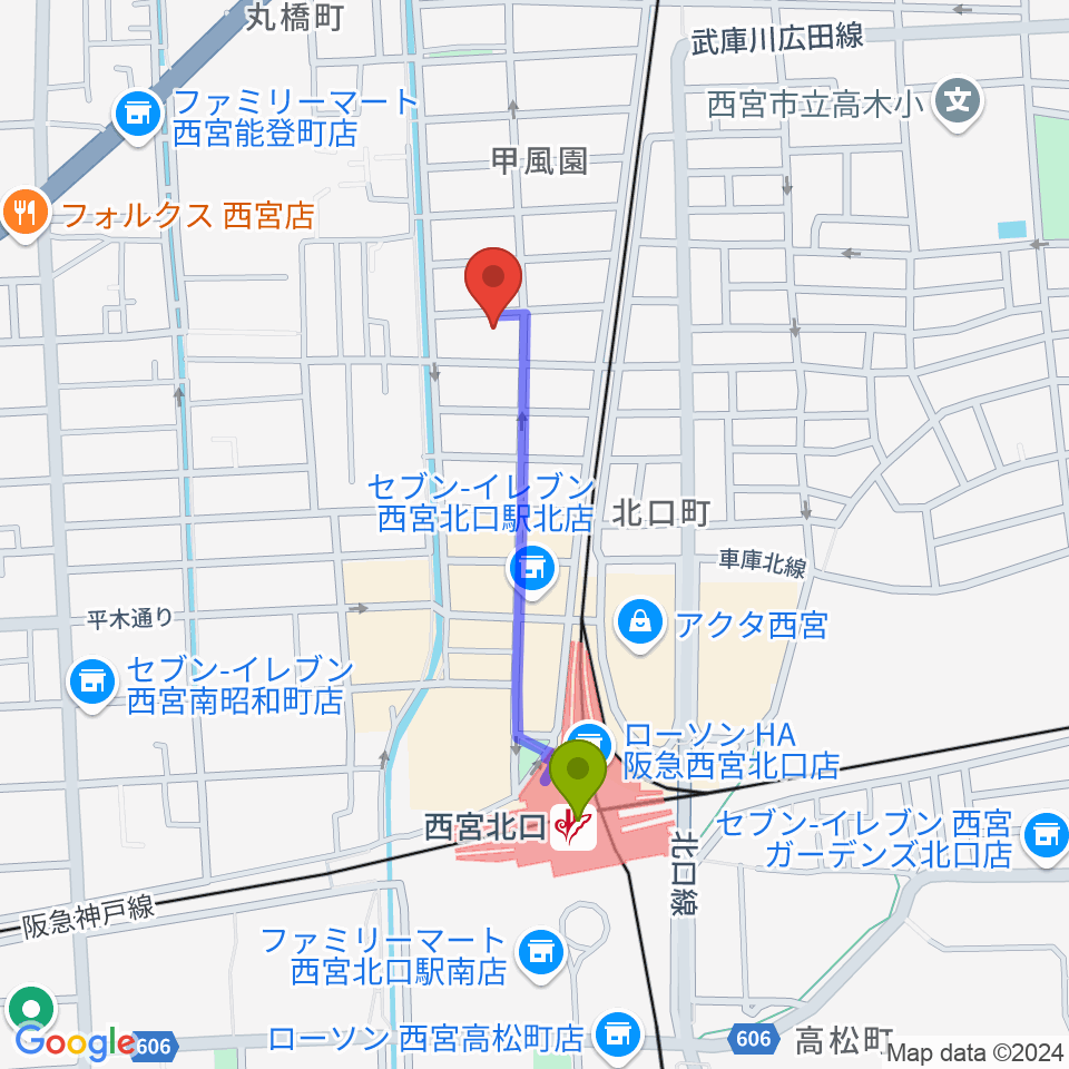 フェリーチェ音楽院の最寄駅西宮北口駅からの徒歩ルート（約7分）地図