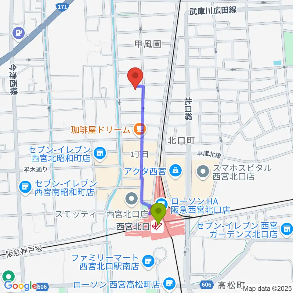 フェリーチェ音楽院の最寄駅西宮北口駅からの徒歩ルート（約7分）地図
