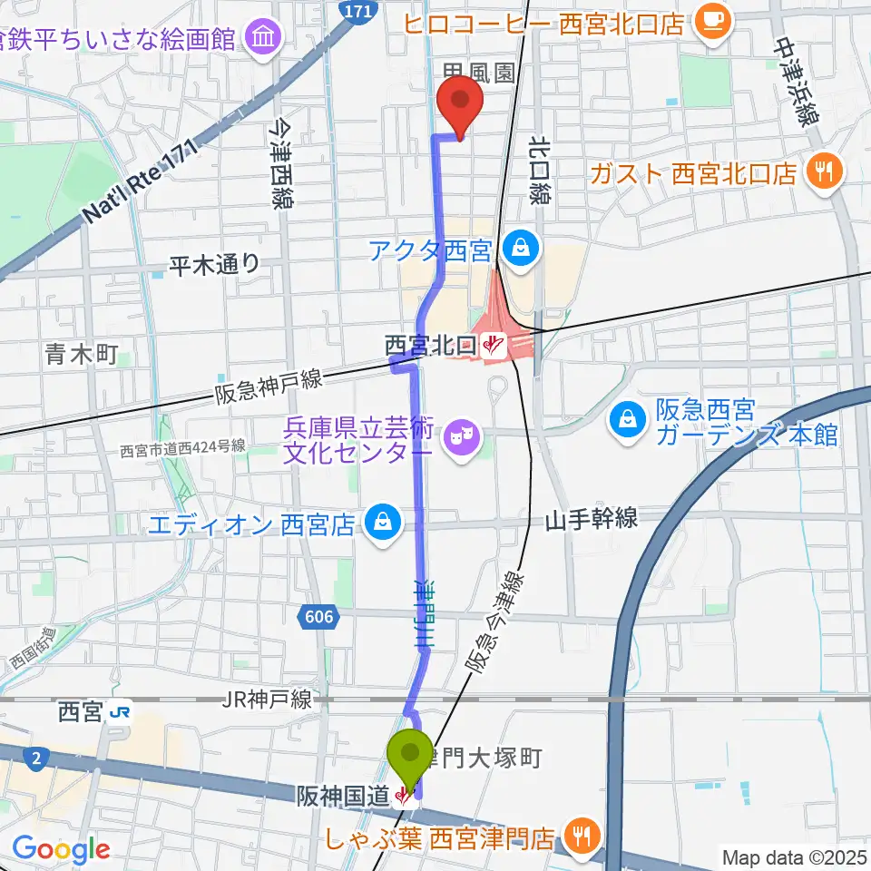 阪神国道駅からフェリーチェ音楽院へのルートマップ地図