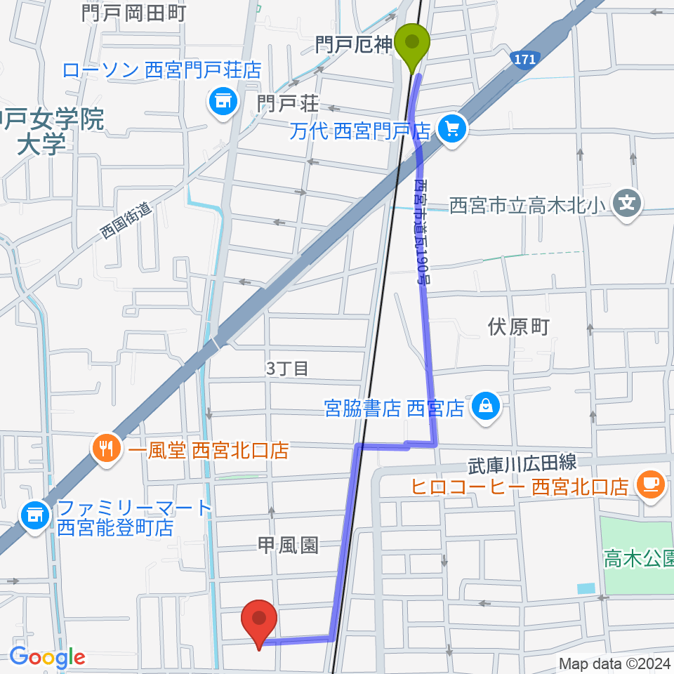 門戸厄神駅からフェリーチェ音楽院へのルートマップ地図