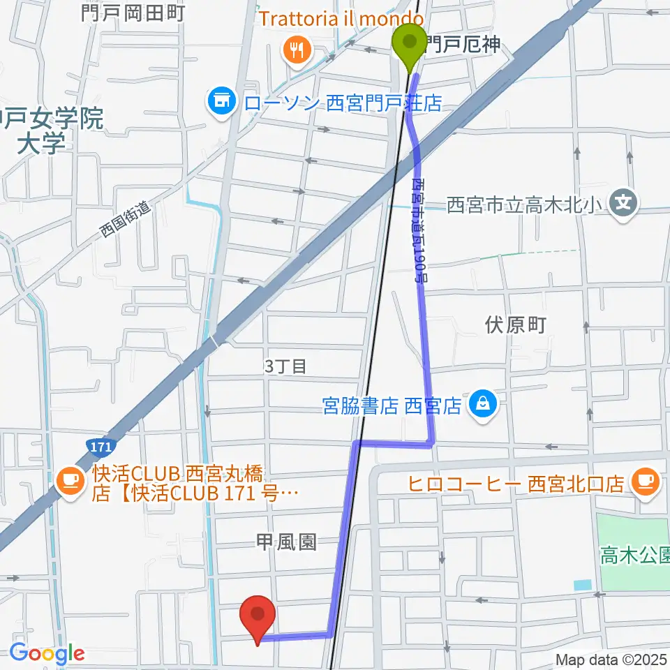 門戸厄神駅からフェリーチェ音楽院へのルートマップ地図