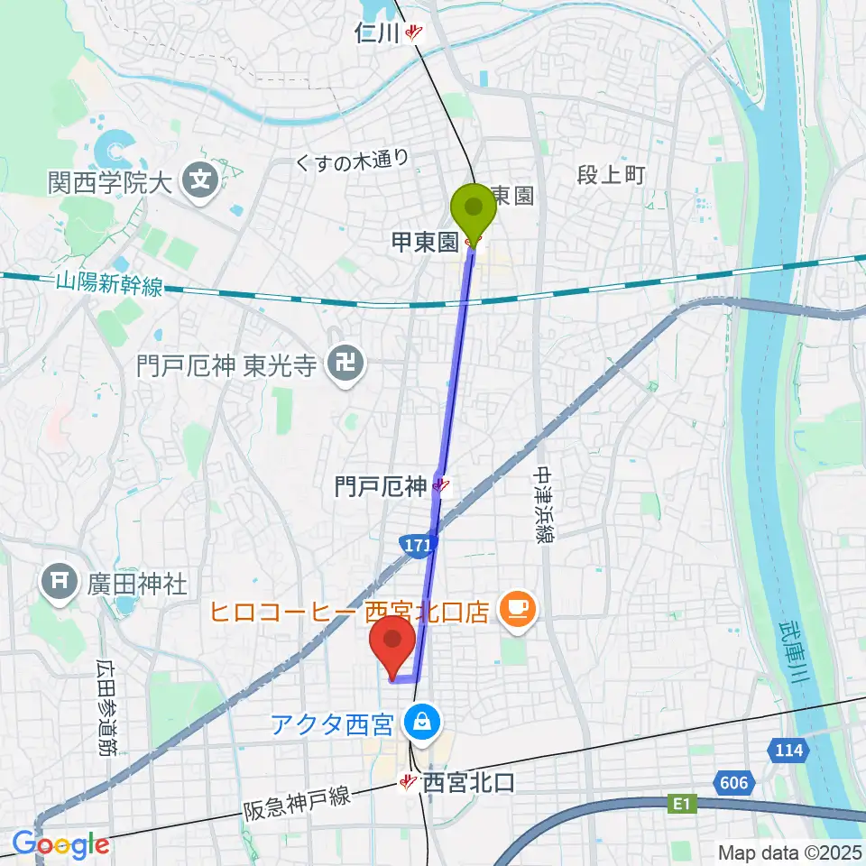 甲東園駅からフェリーチェ音楽院へのルートマップ地図