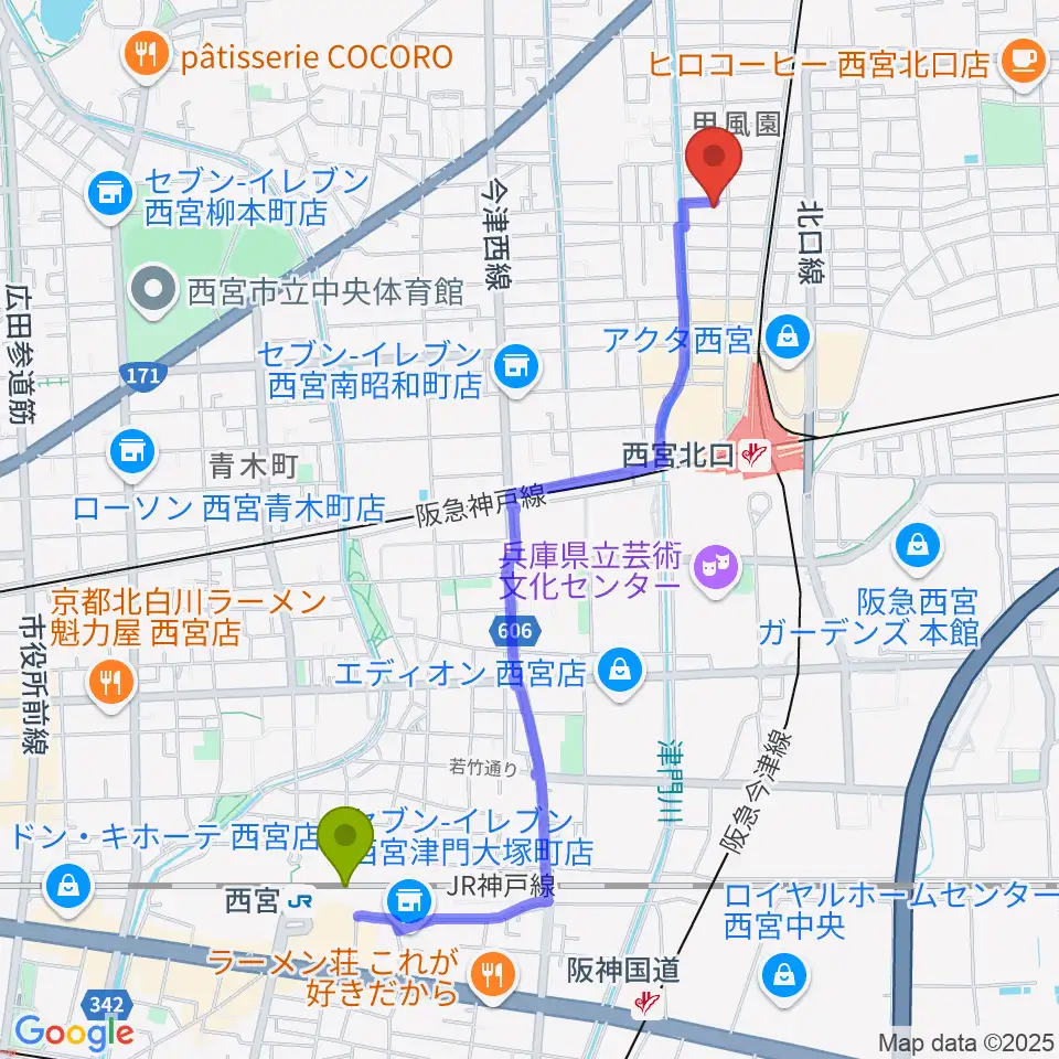 西宮駅からフェリーチェサロンへのルートマップ地図