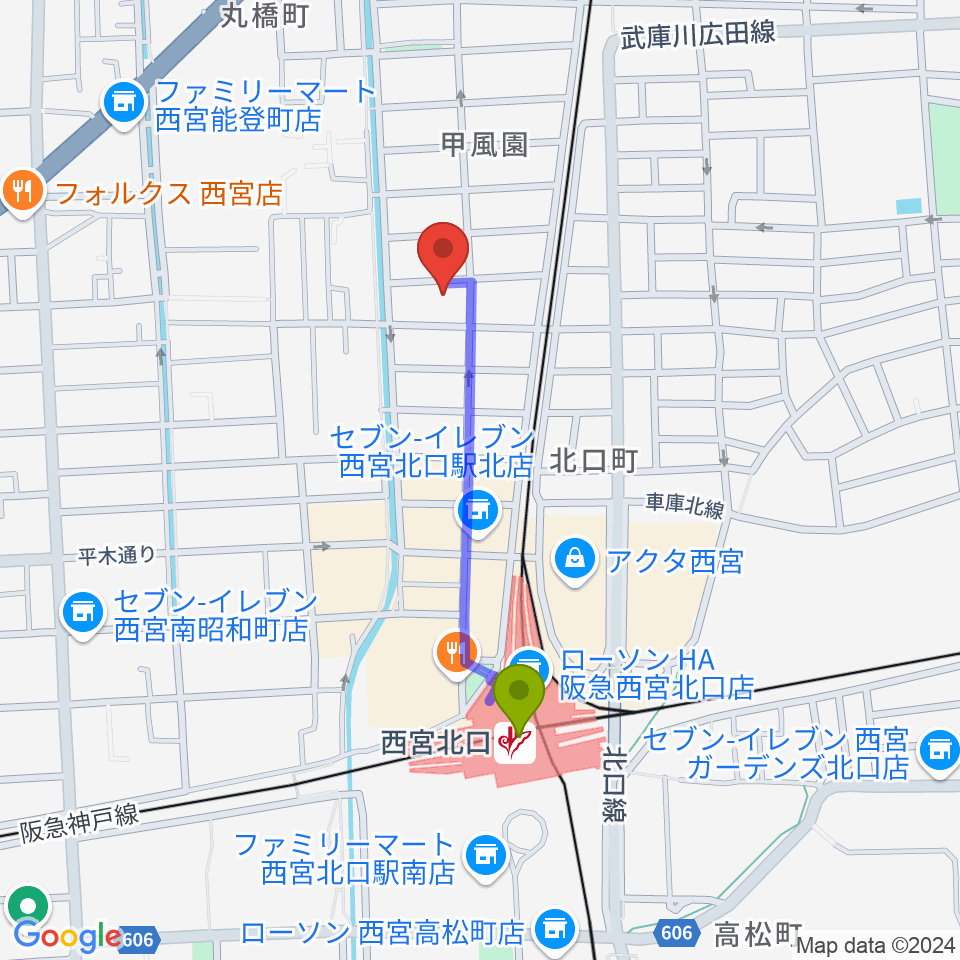 フェリーチェサロンの最寄駅西宮北口駅からの徒歩ルート（約7分）地図