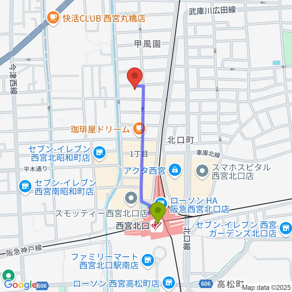 フェリーチェサロンの最寄駅西宮北口駅からの徒歩ルート（約7分）地図