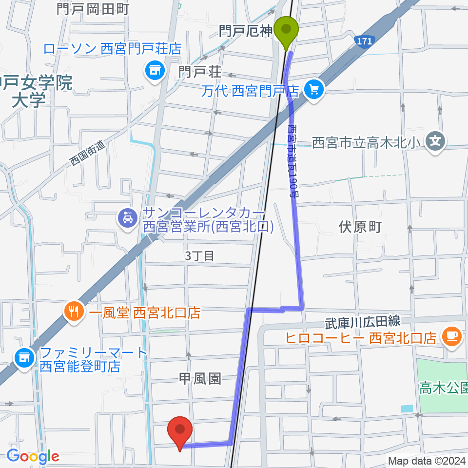 門戸厄神駅からフェリーチェサロンへのルートマップ地図