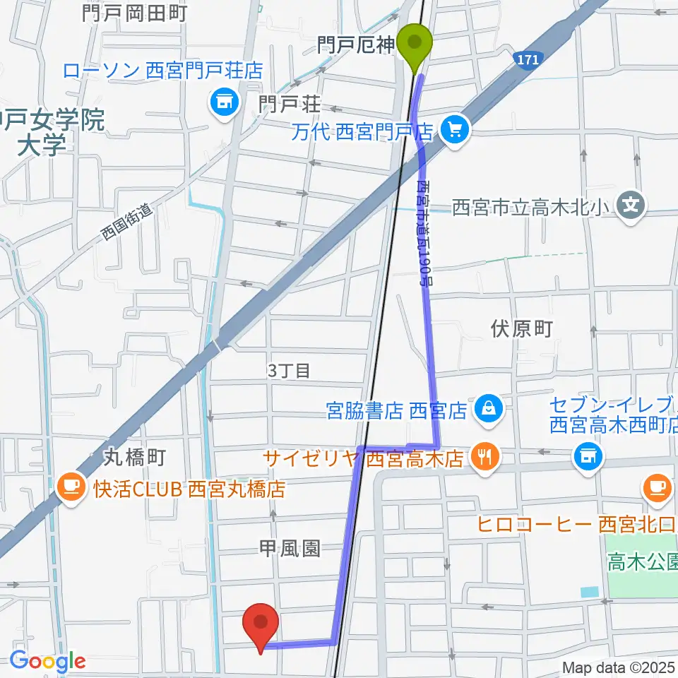 門戸厄神駅からフェリーチェサロンへのルートマップ地図