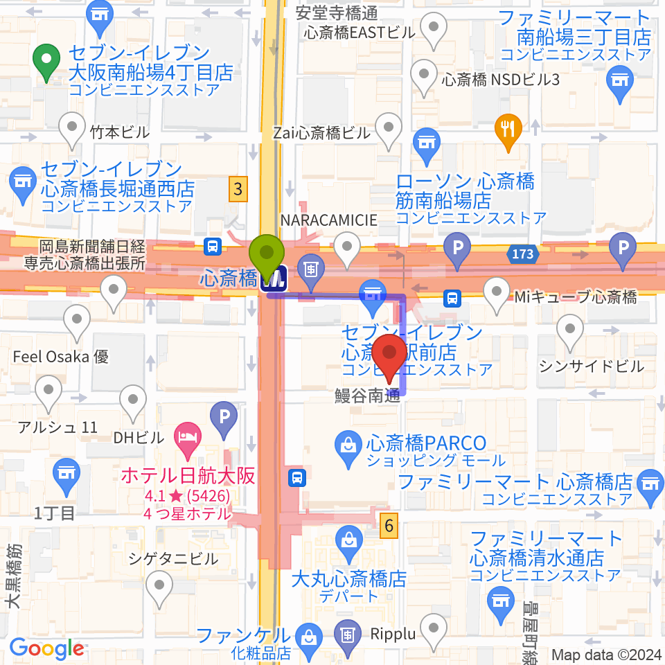 三木楽器 心斎橋店の最寄駅心斎橋駅からの徒歩ルート（約2分）地図