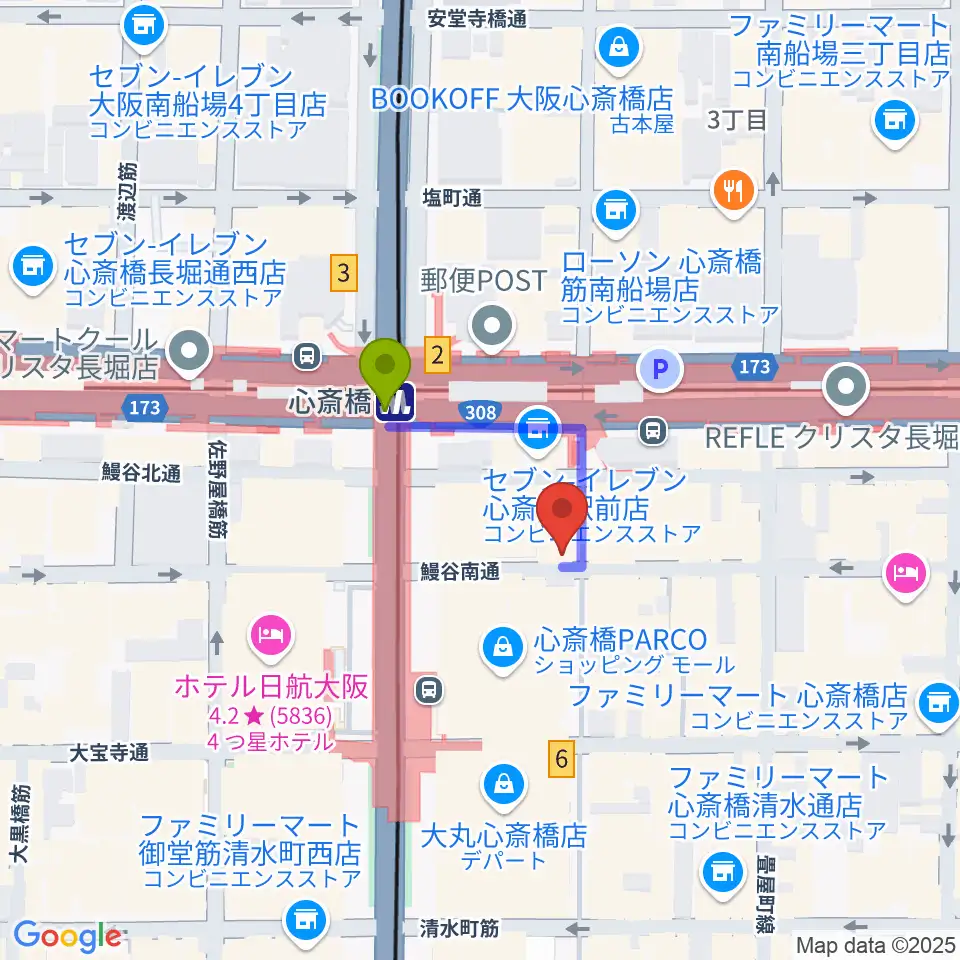 三木楽器 心斎橋店の最寄駅心斎橋駅からの徒歩ルート（約2分）地図
