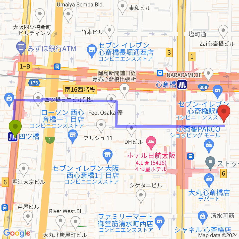 四ツ橋駅から三木楽器 心斎橋店へのルートマップ地図