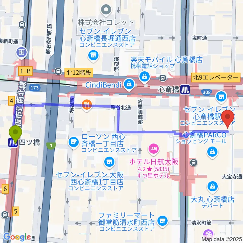 四ツ橋駅から三木楽器 心斎橋店へのルートマップ地図