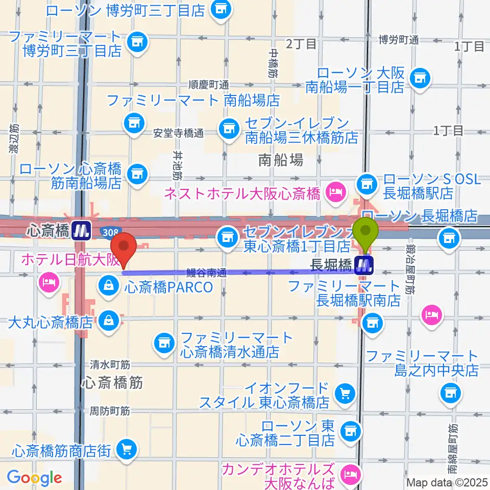長堀橋駅から三木楽器 心斎橋店へのルートマップ地図