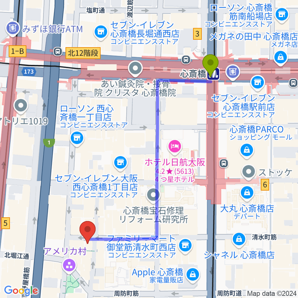 心斎橋駅から三木楽器アメリカ村店へのルートマップ地図