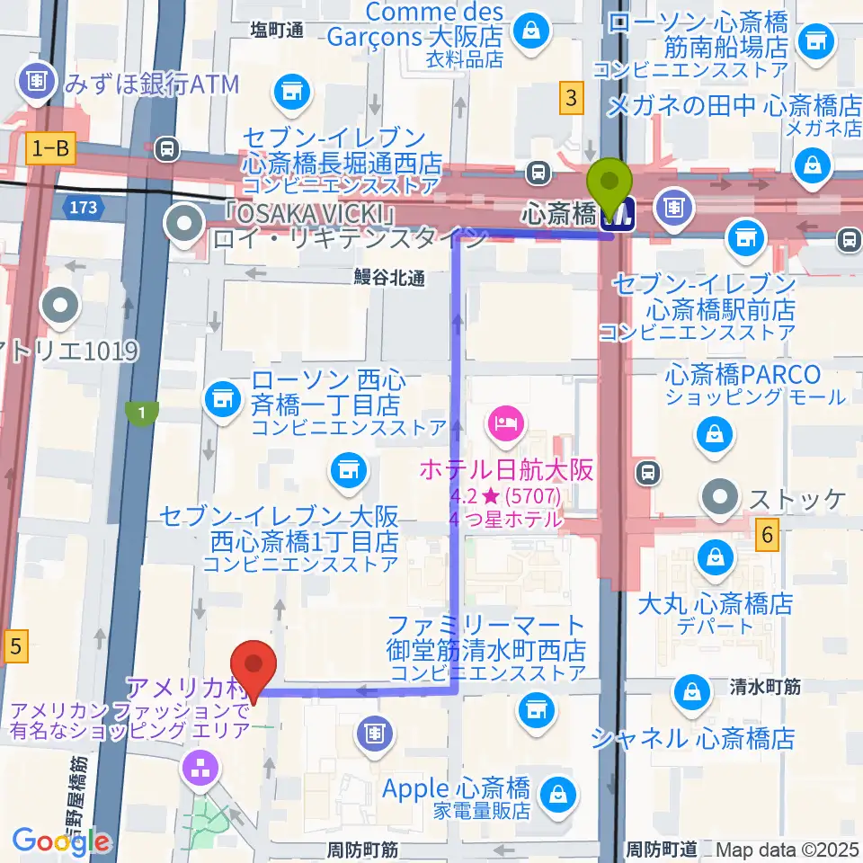 心斎橋駅から三木楽器アメリカ村店へのルートマップ地図