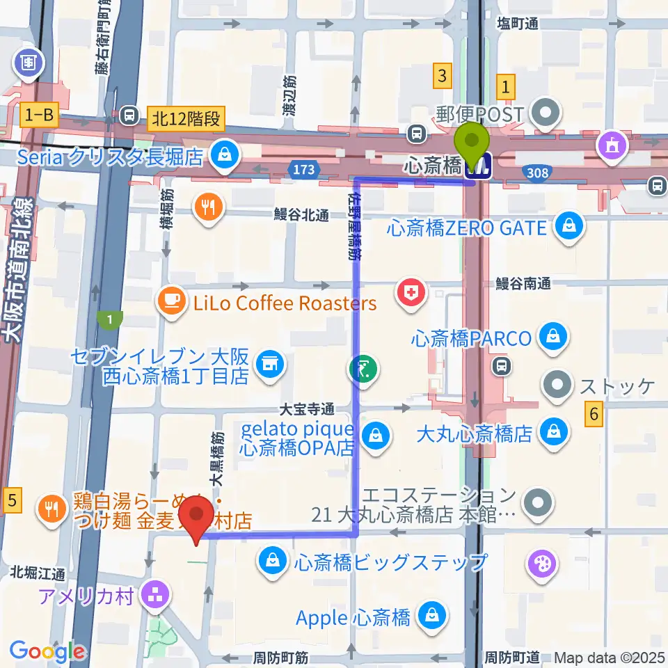 心斎橋駅から三木楽器アメリカ村店へのルートマップ地図