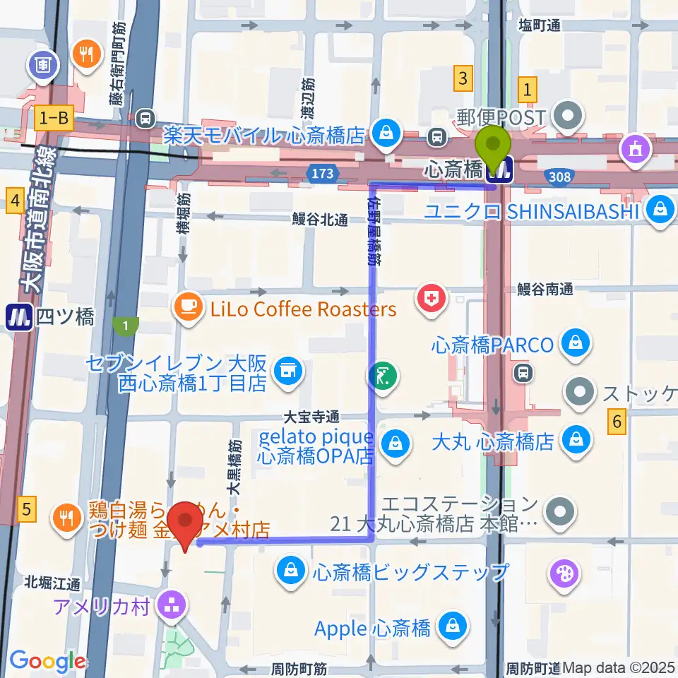心斎橋駅から三木楽器アメリカ村店へのルートマップ地図