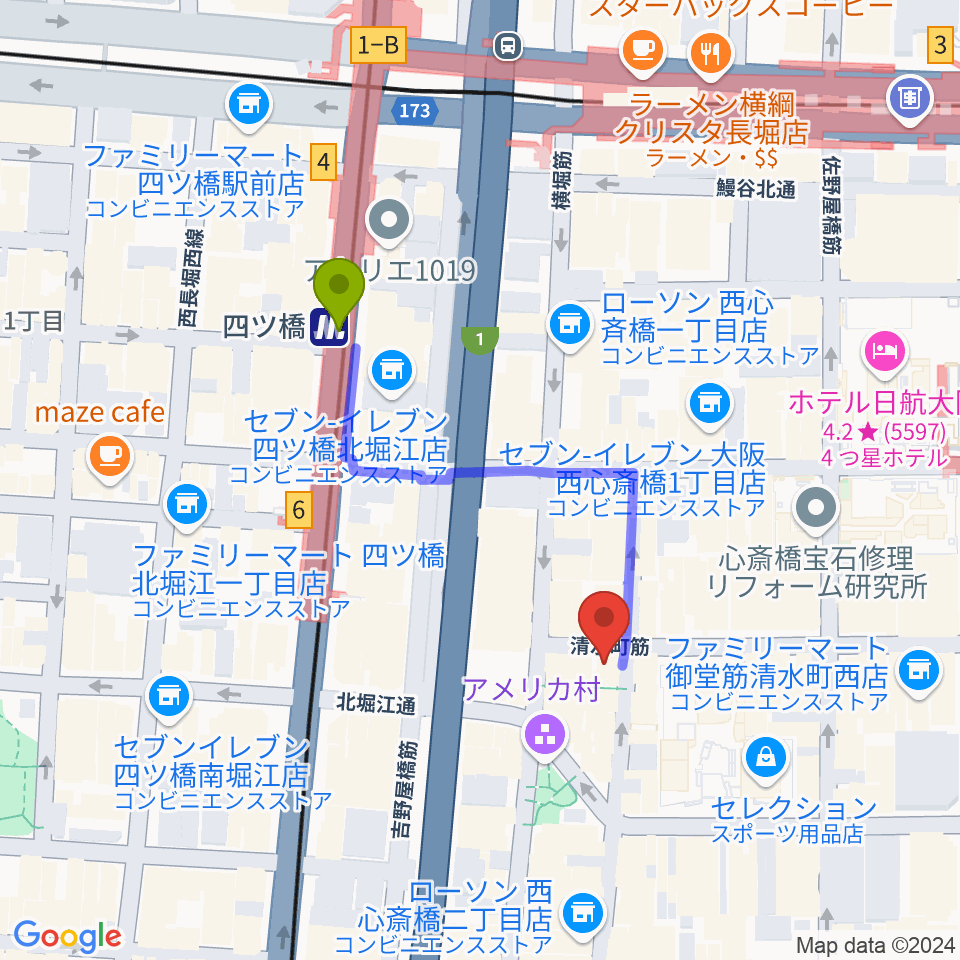 三木楽器アメリカ村店の最寄駅四ツ橋駅からの徒歩ルート（約3分）地図