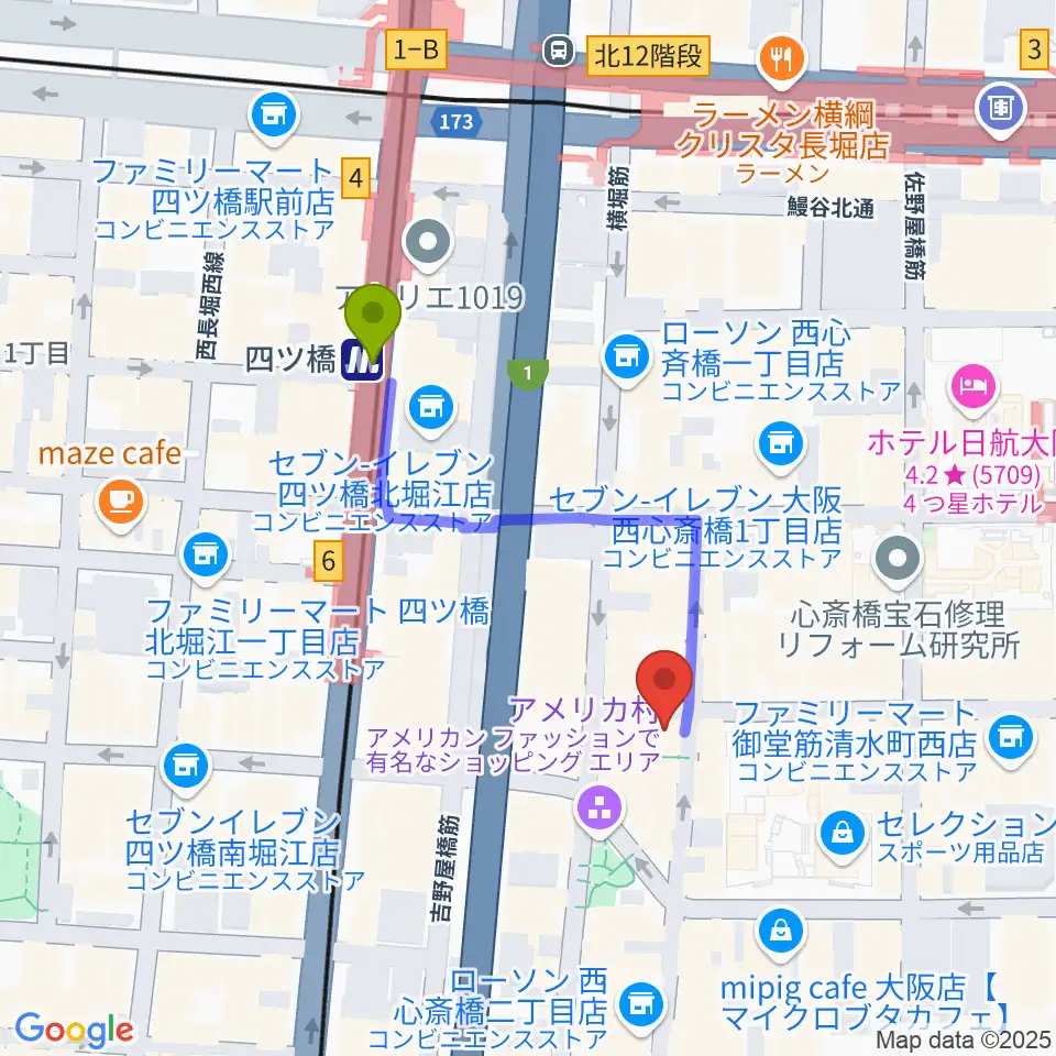 三木楽器アメリカ村店の最寄駅四ツ橋駅からの徒歩ルート（約3分）地図