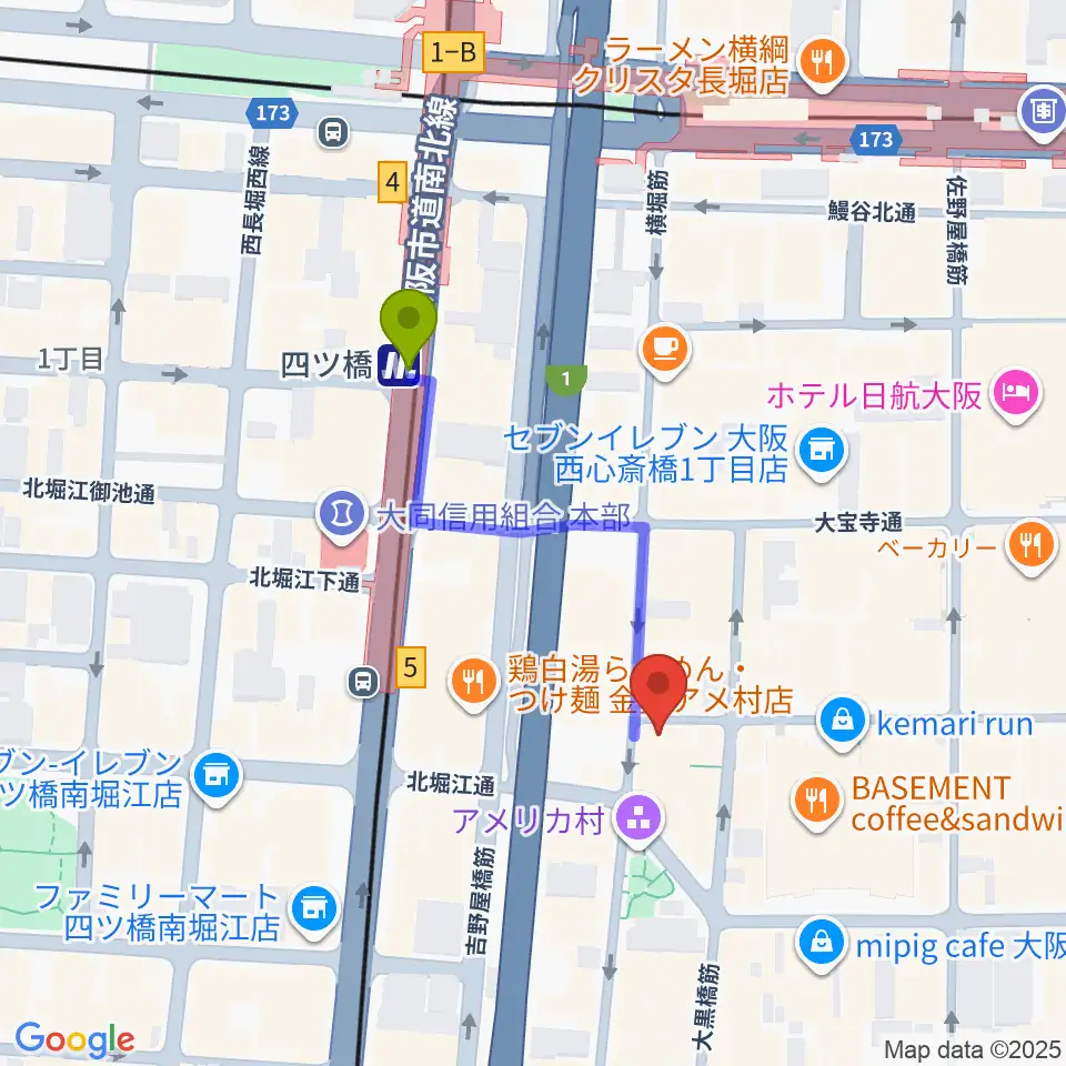 三木楽器アメリカ村店の最寄駅四ツ橋駅からの徒歩ルート（約3分）地図