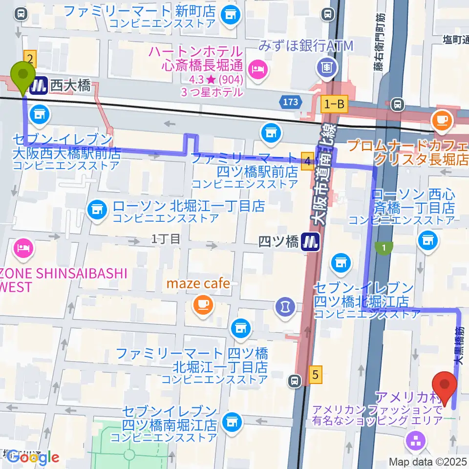 西大橋駅から三木楽器アメリカ村店へのルートマップ地図