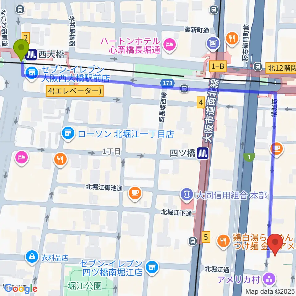 西大橋駅から三木楽器アメリカ村店へのルートマップ地図