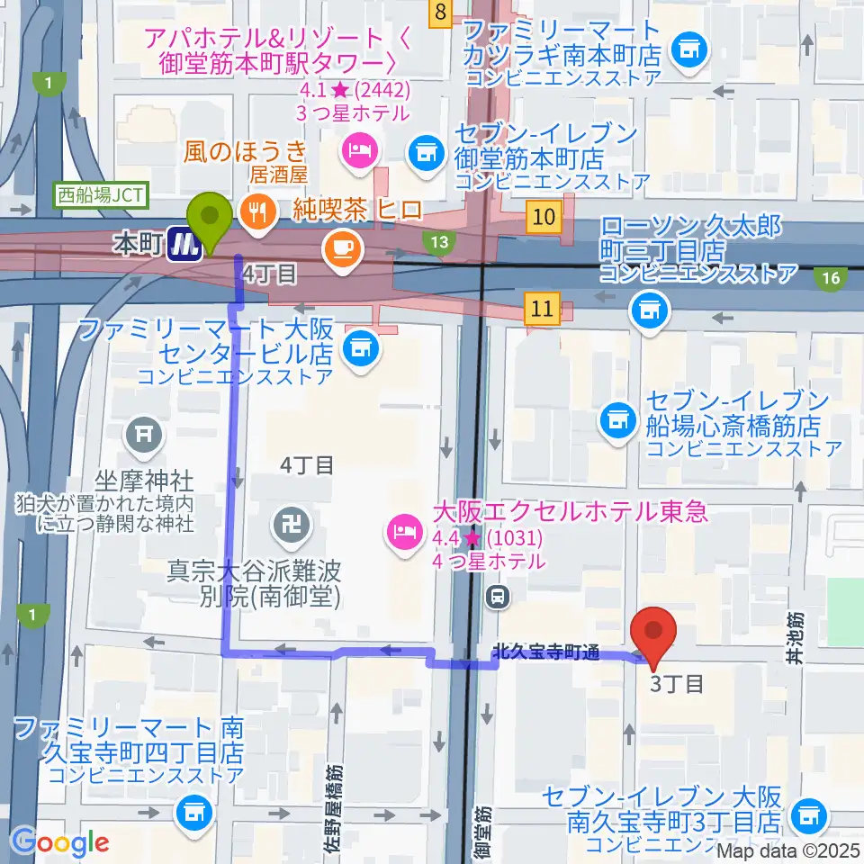 三木楽器開成館の最寄駅本町駅からの徒歩ルート（約6分）地図