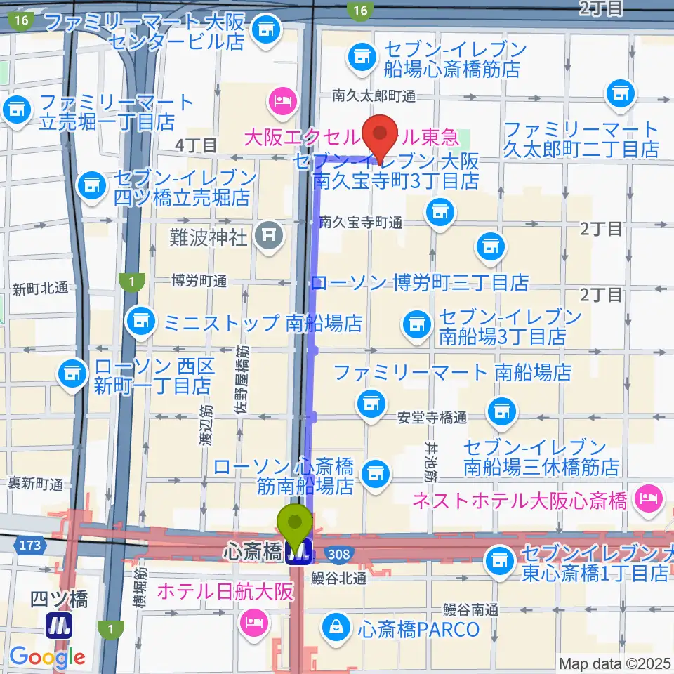 心斎橋駅から三木楽器開成館へのルートマップ地図
