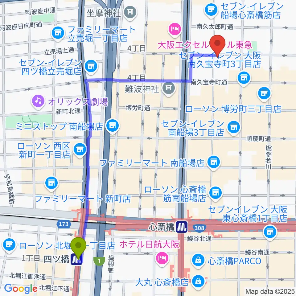 四ツ橋駅から三木楽器開成館へのルートマップ地図